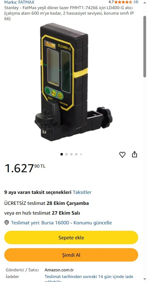 Stanley - FatMax yeşil döner lazer FMHT1-74266 için LD400-G alıcı (çalışma alanı 600 m'ye kadar, 2 hassasiyet seviyesi, koruma sınıfı IP 66)