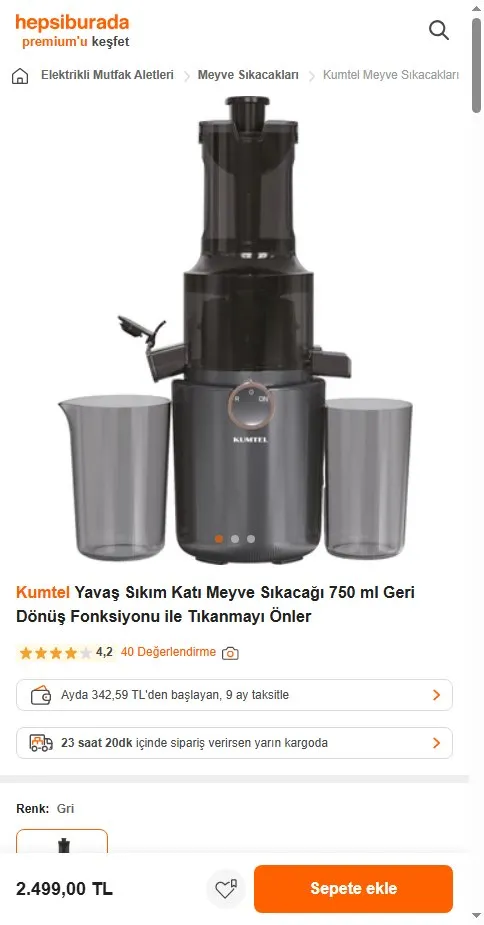 Kumtel Yavaş Sıkım Katı Meyve Sıkacağı 750 ml Geri Dönüş Fonksiyonu ile Tıkanmayı Önler