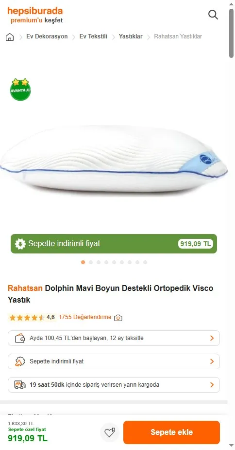 Rahatsan Dolphin Mavi Boyun Destekli Ortopedik Visco Yastık