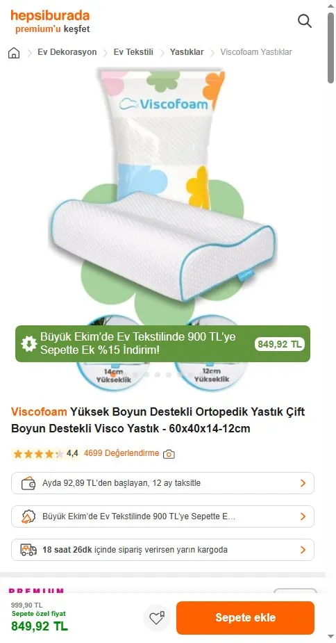 Viscofoam Yüksek Boyun Destekli Ortopedik Yastık Çift Boyun Destekli Visco Yastık - 60x40x14-12cm