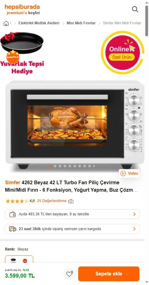 Simfer 4262 Beyaz 42 LT Turbo Fan Piliç Çevirme Mini/Midi Fırın - 6 Fonksiyon, Yoğurt Yapma, Buz Çözme & İç Aydınlatma