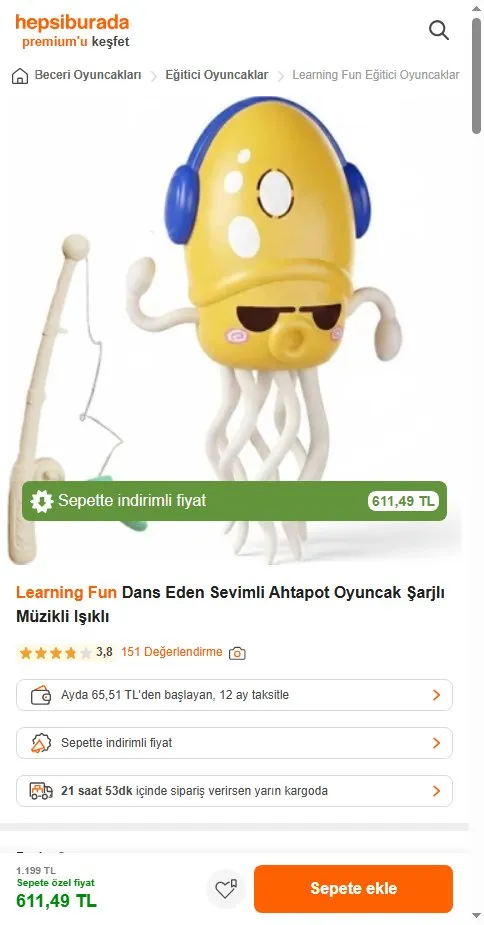 Learning Fun Dans Eden Sevimli Ahtapot Oyuncak Şarjlı Müzikli Işıklı