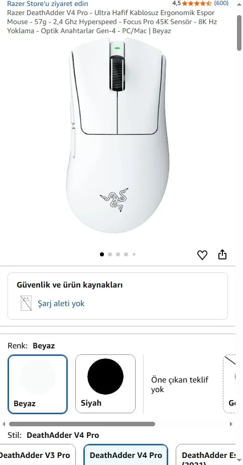 Razer DeathAdder V4 Pro - Ultra Hafif Kablosuz Ergonomik Espor Mouse - 57g - 2,4 Ghz Hyperspeed - Focus Pro 45K Sensör - 8K Hz Yoklama - Optik Anahtarlar Gen-4 - PC/Mac | Beyaz