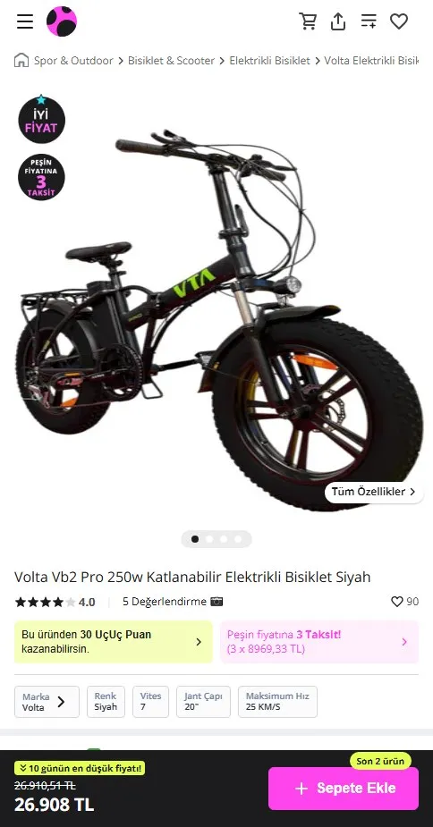 Volta Vb2 Pro 250w Katlanabilir Elektrikli Bisiklet Siyah