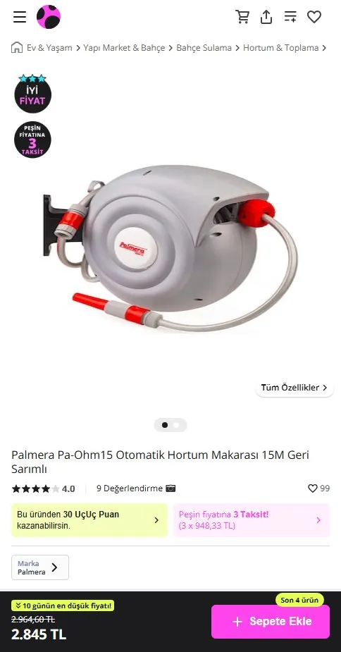 Palmera Pa-Ohm15 Otomatik Hortum Makarası 15M Geri Sarımlı