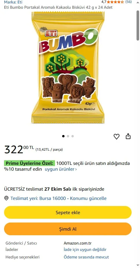 Eti Bumbo Portakal Aromalı Kakaolu Bisküvi 42 g x 24 Adet