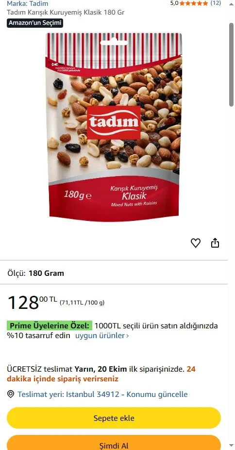 Tadım Karışık Kuruyemiş Klasik 180 Gr