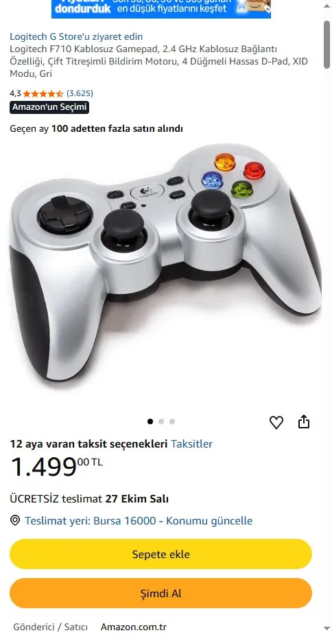 Logitech F710 Kablosuz Gamepad, 2.4 GHz Kablosuz Bağlantı Özelliği, Çift Titreşimli Bildirim Motoru, 4 Düğmeli Hassas D-Pad, XID Modu, Gri
