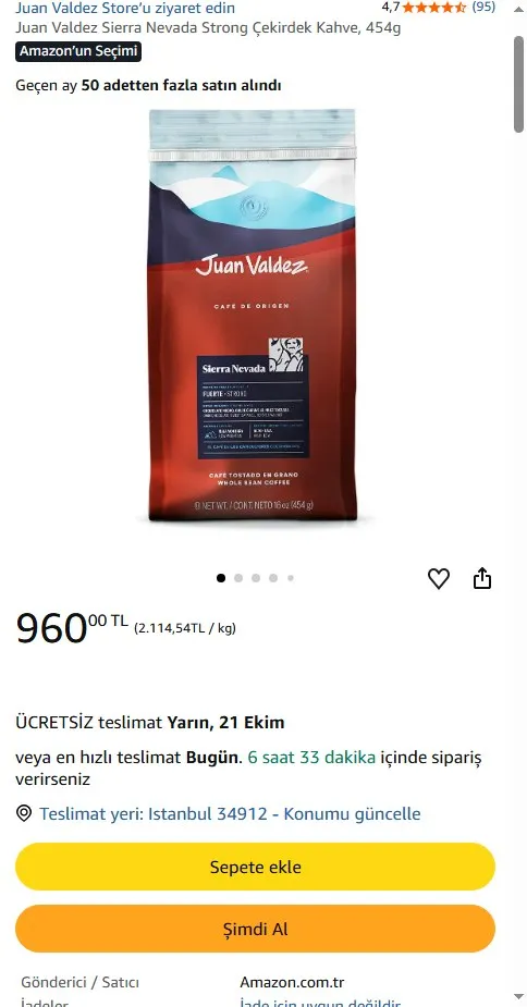 Juan Valdez Sierra Nevada Strong Çekirdek Kahve, 454g