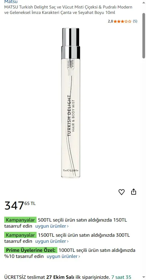 MATSU Turkish Delight Saç ve Vücut Misti Çiçeksi & Pudralı Modern ve Geleneksel İmza Karakteri Çanta ve Seyahat Boyu 10ml