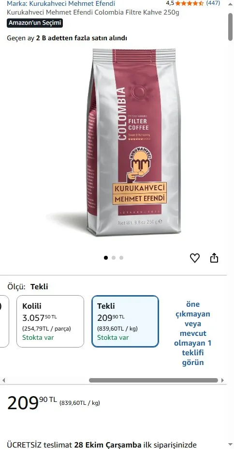 Kurukahveci Mehmet Efendi Colombia Filtre Kahve 250g