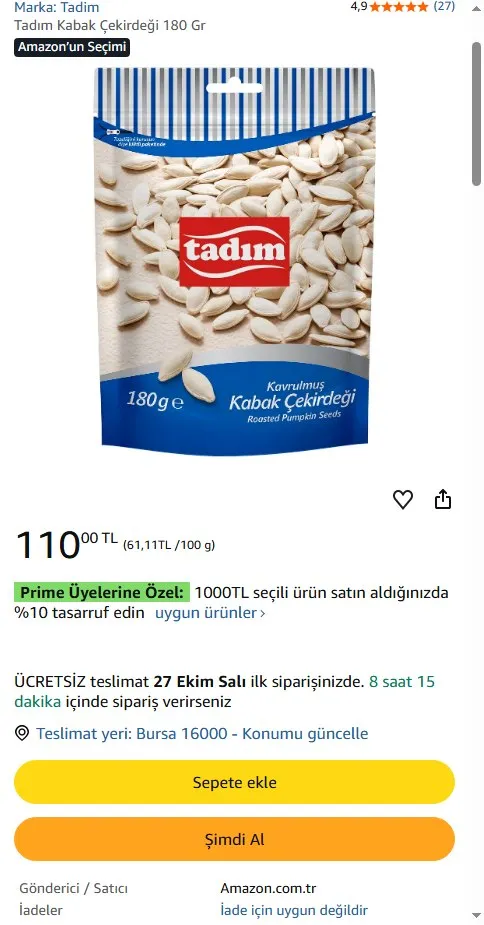 Tadım Kabak Çekirdeği 180 Gr