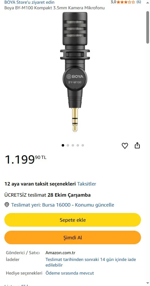 Boya BY-M100 Kompakt 3.5mm Kamera Mikrofonu