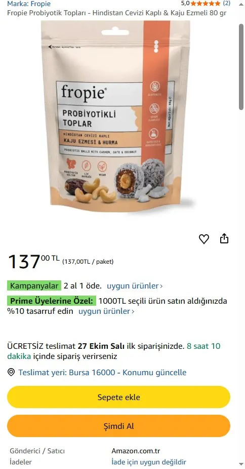 Fropie Probiyotik Topları - Hindistan Cevizi Kaplı & Kaju Ezmeli 80 gr