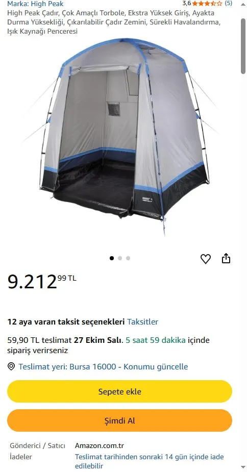 High Peak Çadır, Çok Amaçlı Torbole, Ekstra Yüksek Giriş, Ayakta Durma Yüksekliği, Çıkarılabilir Çadır Zemini, Sürekli Havalandırma, Işık Kaynağı Penceresi