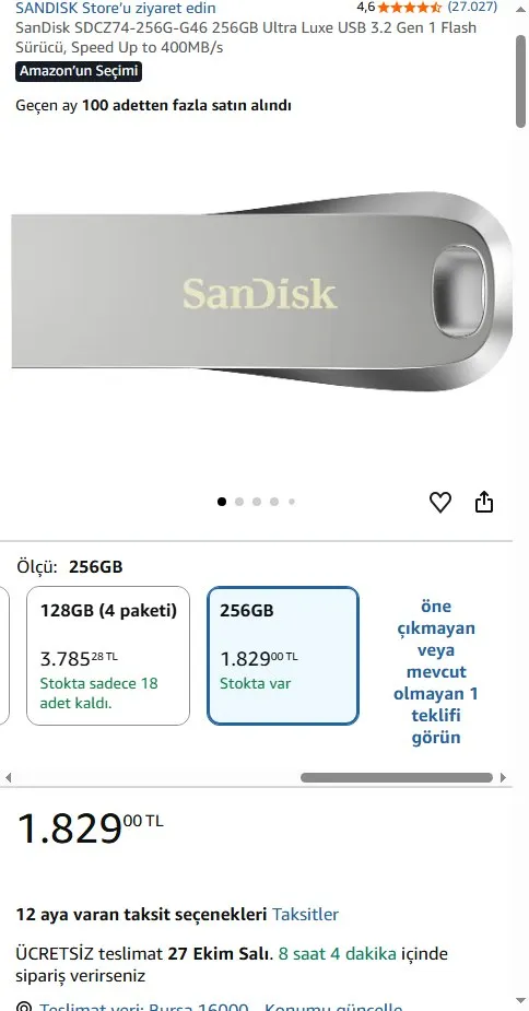 SanDisk SDCZ74-256G-G46 256GB Ultra Luxe USB 3.2 Gen 1 Flash Sürücü, Speed Up to 400MB/s