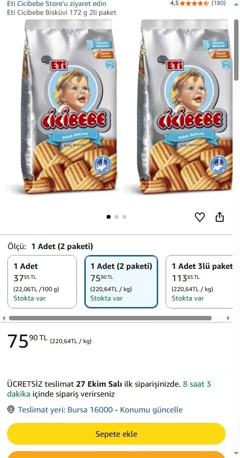 Eti Cicibebe Bisküvi 172 g 2li paket