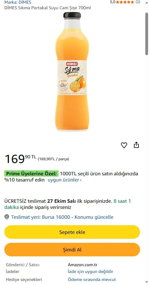 DİMES Sıkma Portakal Suyu Cam Şişe 700ml