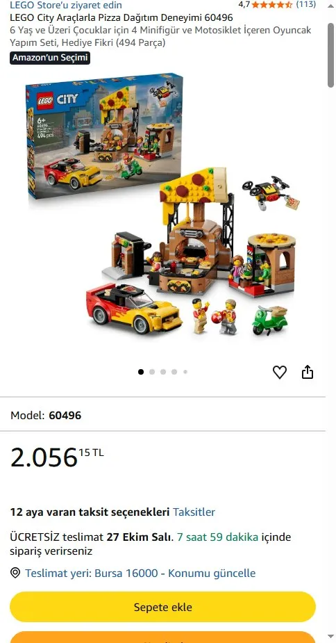 LEGO City Araçlarla Pizza Dağıtım Deneyimi 60496
