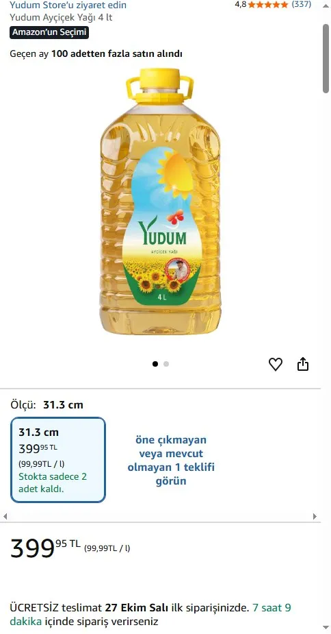 Yudum Ayçiçek Yağı 4 lt