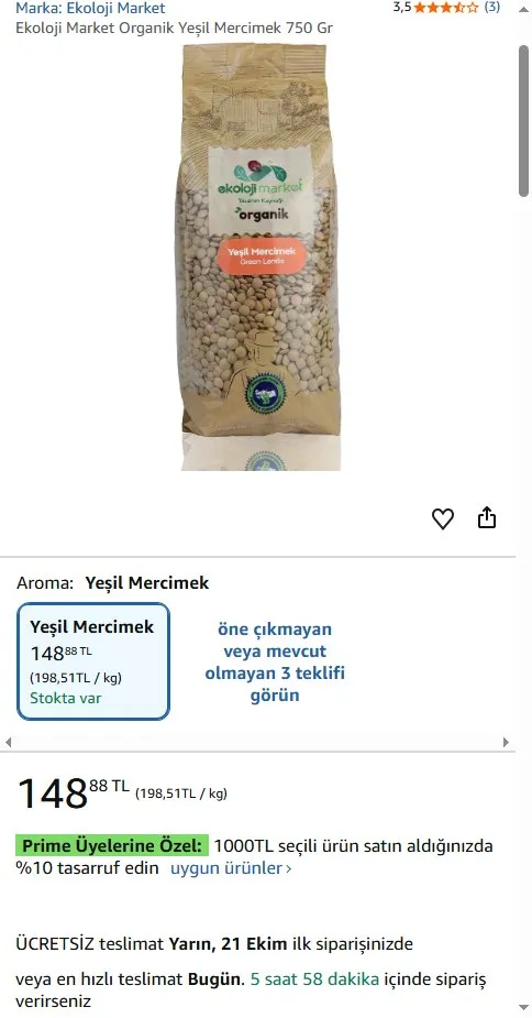 Ekoloji Market Organik Yeşil Mercimek 750 Gr