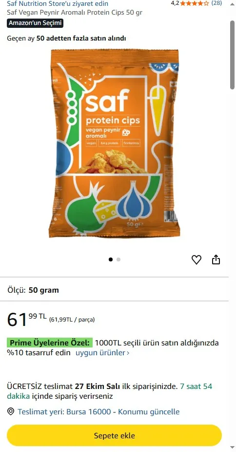 Saf Vegan Peynir Aromalı Protein Cips 50 gr