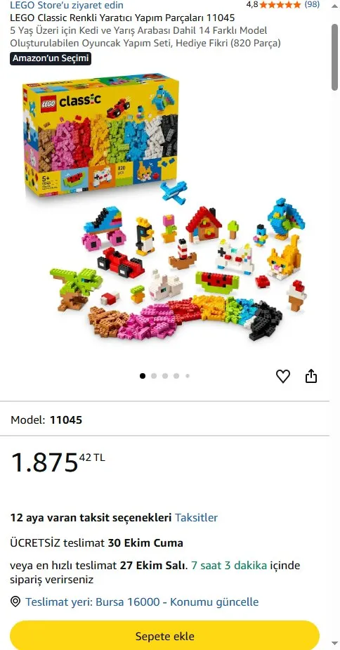 LEGO Classic Renkli Yaratıcı Yapım Parçaları 11045
