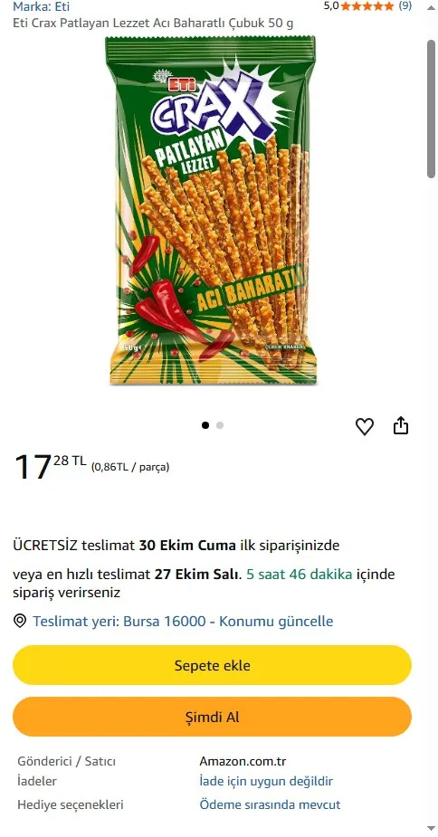 Eti Crax Patlayan Lezzet Acı Baharatlı Çubuk 50 g