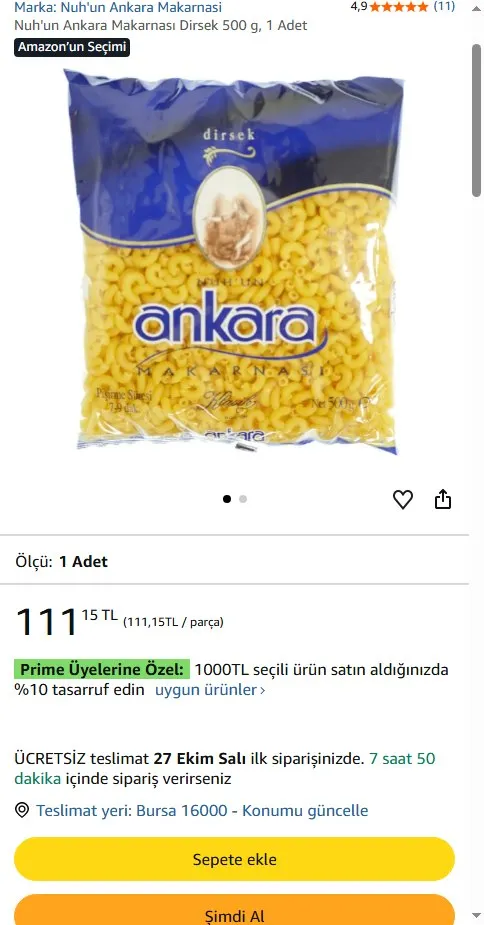 Nuh'un Ankara Makarnası Dirsek 500 g, 1 Adet