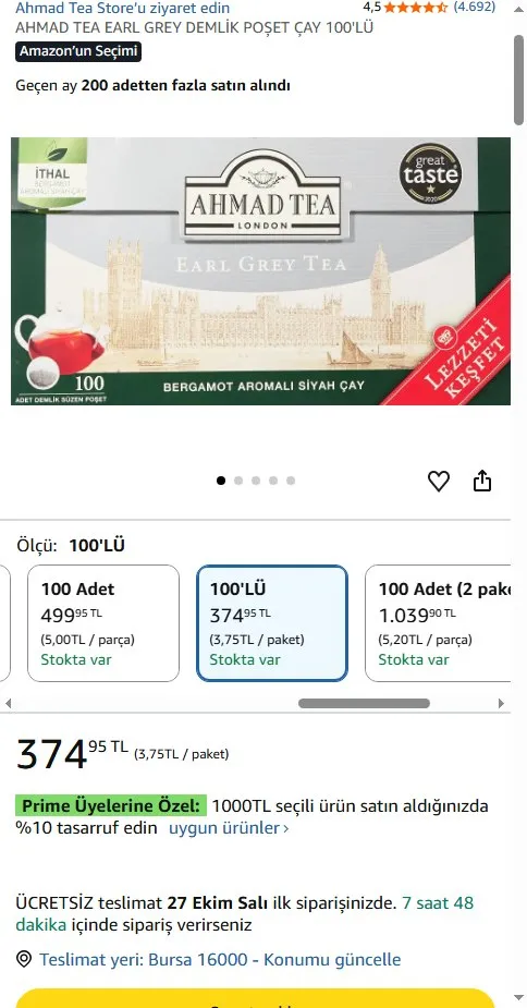 AHMAD TEA EARL GREY DEMLİK POŞET ÇAY 100'LÜ