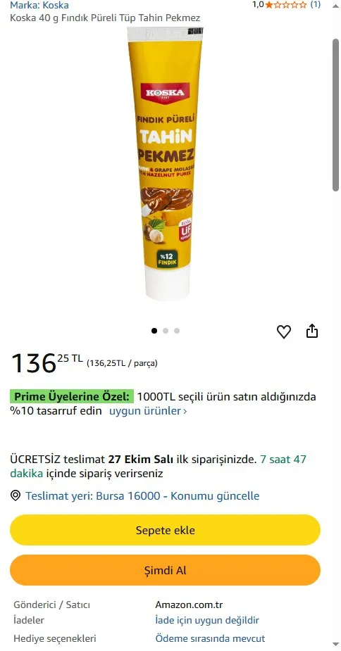 Koska 40 g Fındık Püreli Tüp Tahin Pekmez
