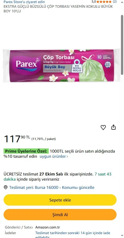 EKSTRA GÜÇLÜ BÜZGÜLÜ ÇÖP TORBASI YASEMİN KOKULU BÜYÜK BOY 10'LU