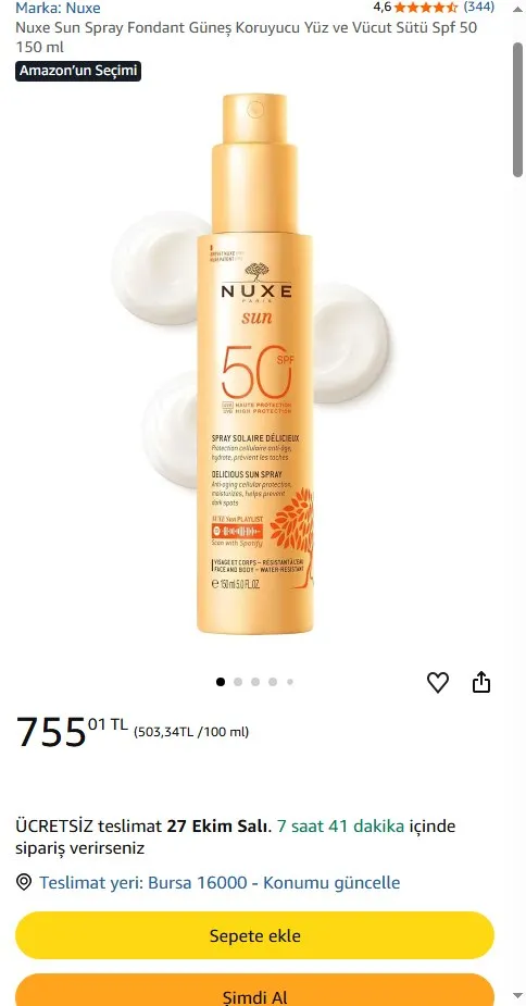 Nuxe Sun Spray Fondant Güneş Koruyucu Yüz ve Vücut Sütü Spf 50 150 ml