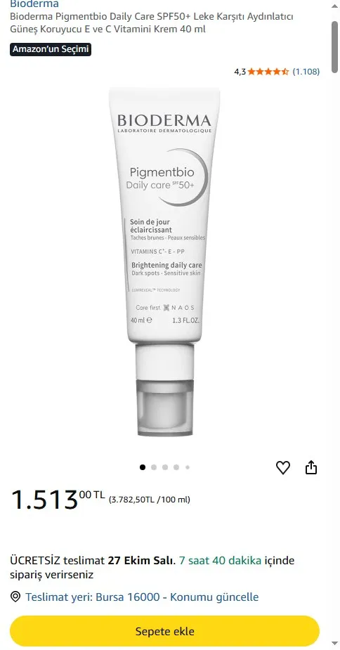 Bioderma Pigmentbio Daily Care SPF50+ Leke Karşıtı Aydınlatıcı Güneş Koruyucu E ve C Vitamini Krem 40 ml