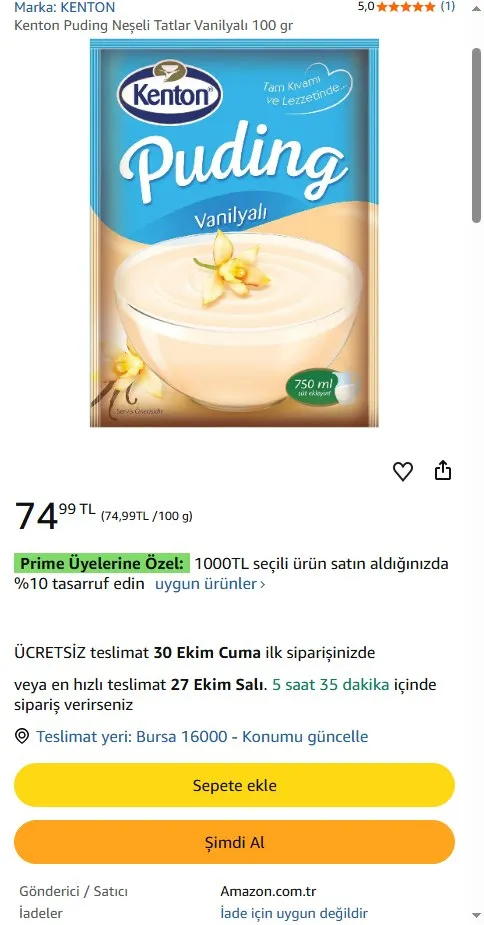 Kenton Puding Neşeli Tatlar Vanilyalı 100 gr