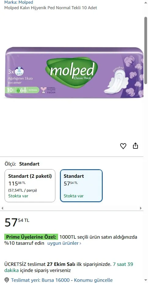 Molped Kalın Hijyenik Ped Normal Tekli 10 Adet