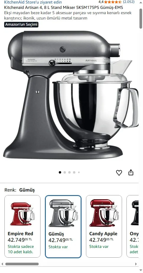 Kitchenaid Artisan 4, 8 L Stand Mikser 5KSM175PS Gümüş-EMS