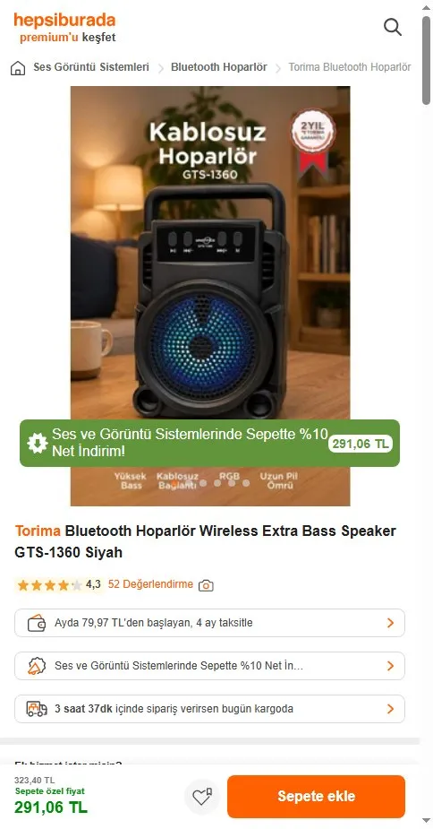 Torima Bluetooth Hoparlör Wireless Extra Bass Speaker GTS-1360 Siyah