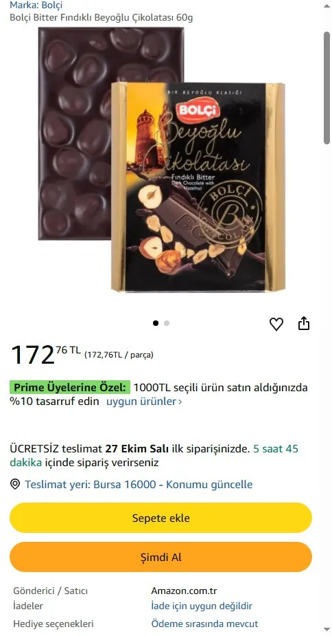 Bolçi Bitter Fındıklı Beyoğlu Çikolatası 60g