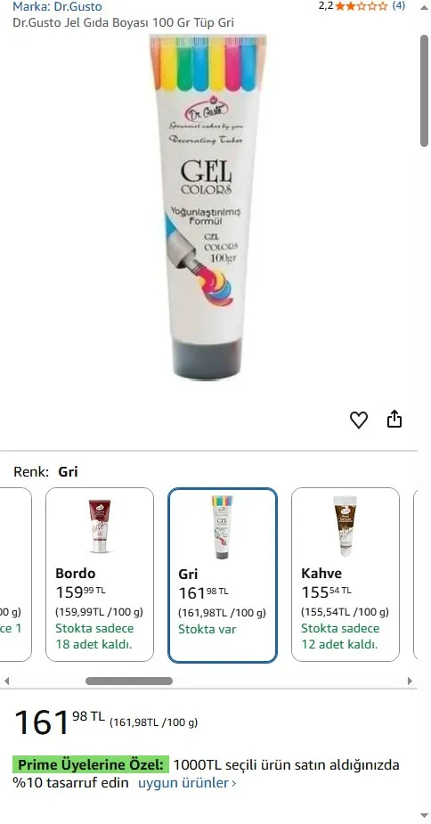 Dr.Gusto Jel Gıda Boyası 100 Gr Tüp Gri