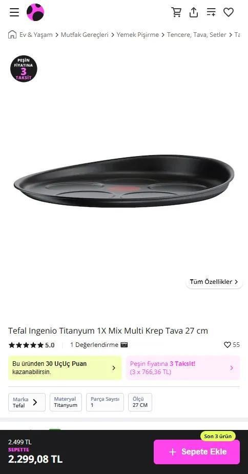 Tefal Ingenio Titanyum 1X Mix Multi Krep Tava 27 cm
