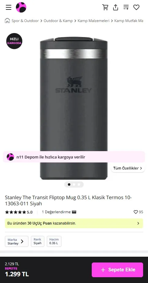 Stanley The Transit Fliptop Mug 0.35 L Klasik Termos 10-13063-011 Siyah