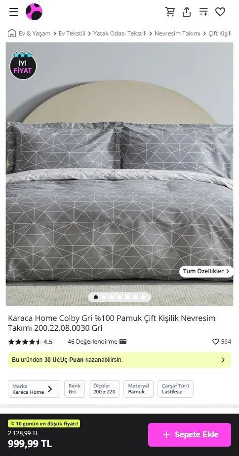 Karaca Home Colby Gri %100 Pamuk Çift Kişilik Nevresim Takımı 200.22.08.0030 Gri
