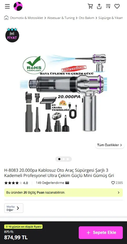 H-8083 20.000pa Kablosuz Oto Araç Süpürgesi Şarjlı 3 Kademeli Profesyonel Ultra Çekim Güçlü Mini Gümüş Gri