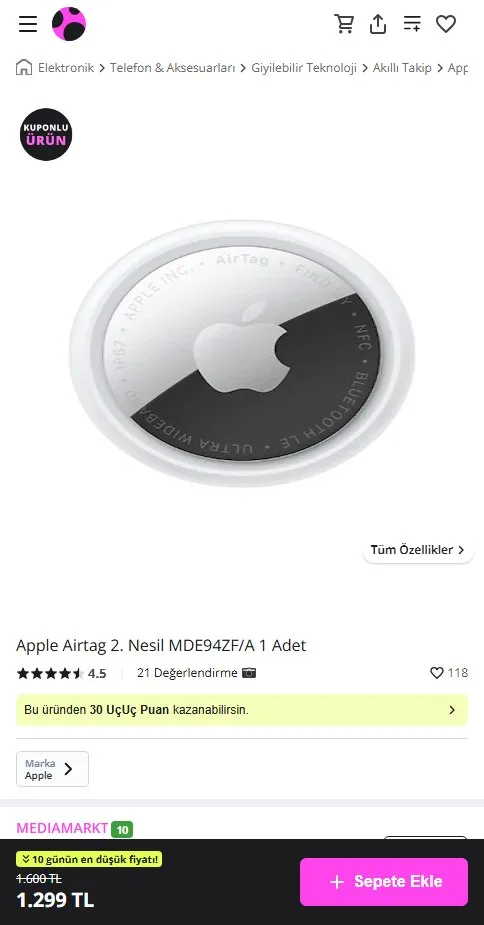 Apple Airtag 2. Nesil MDE94ZF/A 1 Adet