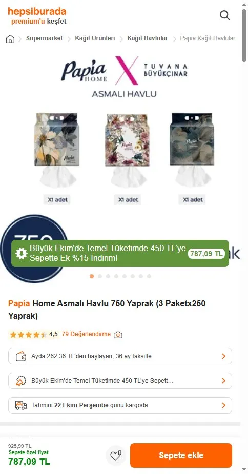 Papia Home Asmalı Havlu 750 Yaprak (3 Paketx250 Yaprak)