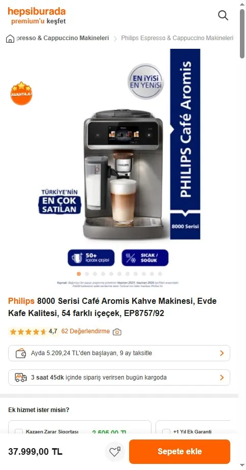 Philips 8000 Serisi Café Aromis Kahve Makinesi, Evde Kafe Kalitesi, 54 farklı içeçek, EP8757/92
