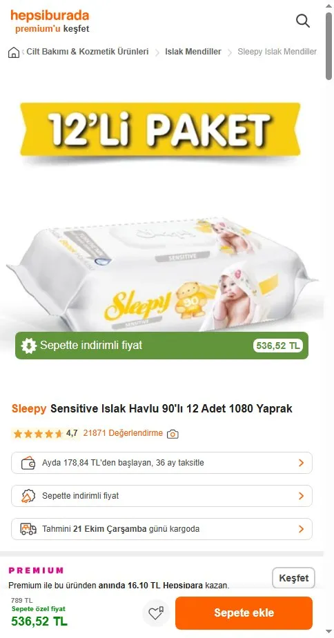 Sleepy Sensitive Islak Havlu 90'lı 12 Adet 1080 Yaprak