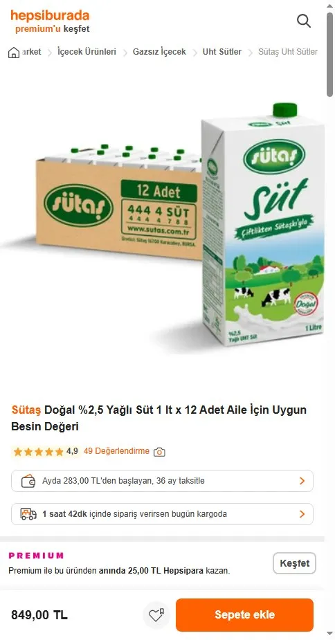 Sütaş Doğal %2,5 Yağlı Süt 1 lt x 12 Adet Aile İçin Uygun Besin Değeri