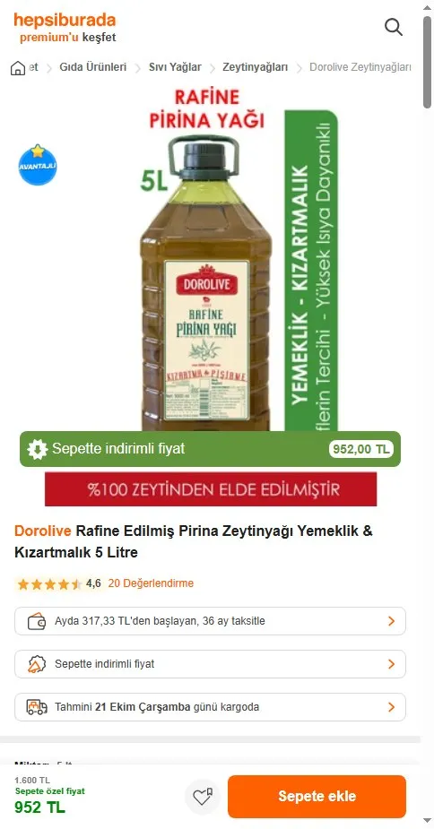 Dorolive Rafine Edilmiş Pirina Zeytinyağı Yemeklik & Kızartmalık 5 Litre